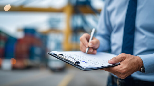 Close-up of signed cargo release document on clipboard, workerâs hand placing final signature, blurred industrial cargo loading cranes and airport apron visible through open hangar