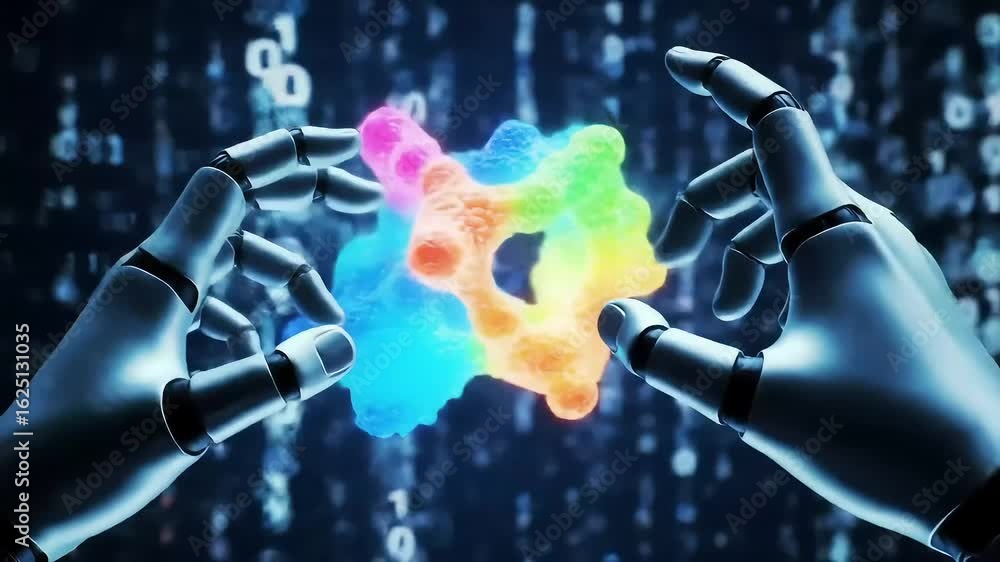 Poster robotic hands manipulate glowing molecule; digital background