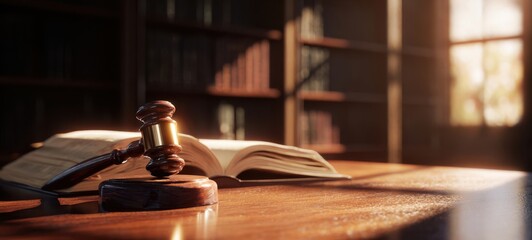 The gavel resting beside an open legal book in an elegant library setting.