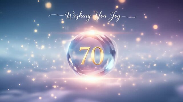 Crystal orb with golden 70 and text wishing you joy, dreamy birthday concept graphic