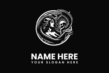Mystical Woman Skull and Serpent in Circular Emblem Design.