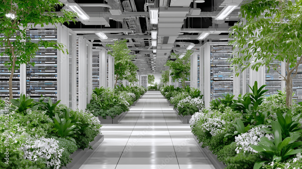 Poster wide-angle view of modern green data center, where clean-lined server aisles run parallel to bamboo 
