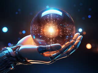 3D render of robot hand and orb for educational use in science and technology programs
Cybernetic grip on glowing sphere to teach children about robotics and future systems