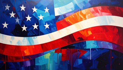 Abstract Patriotic Flag Art Painting in Bold Red White and Blue