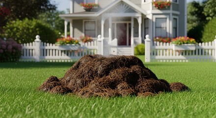 Ant Hill Eruption: Insect Swarm on Suburban Lawn with Victorian House Backdrop