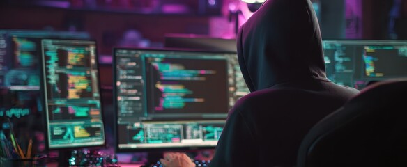 The hacker focused on multiple screens of complex programming code.