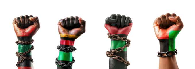 Collection of Arm raised fist wrapped in the red green and black African flag with chains isolate on transparent background