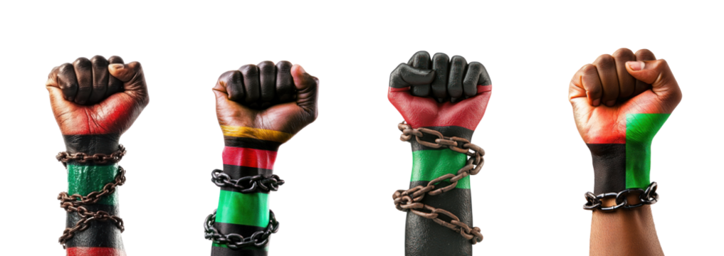 Collection of Arm raised fist wrapped in the red green and black African flag with chains isolate on transparent background