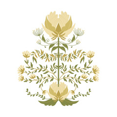 Ornament of delicate flowers. Pale green foliage. Decorative retro ornament