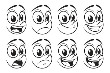 Cartoon retro faces. Vintage emotional face with mascot characters funny faces , eyes and mouths elements Facial expressions