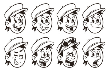 Cartoon retro faces. Vintage emotional face with mascot characters funny faces , eyes and mouths elements Facial expressions