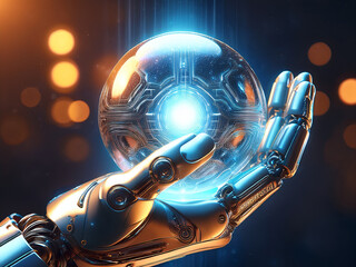 Fototapeta premium Glowing orb in robotic hand inspires curiosity and kindness in science education. 