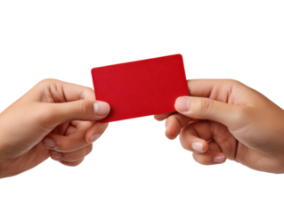 Red Card Exchange: Hands holding a vibrant red card in a moment of transaction, emphasizing communication and a transfer of information.