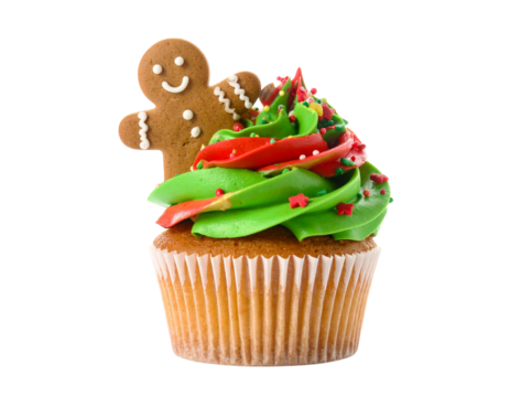  Holiday Cupcake with Swirled Green and Red Frosting, Sprinkles, and Mini Gingerbread Man, Front View, White Background