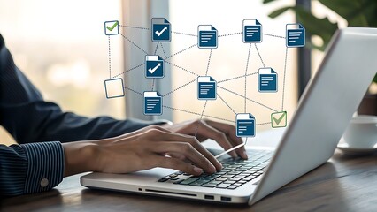 Businessman using laptop for document management system dms, approve online electronic signature, digital transformation, workflow automation, business process and technology concept