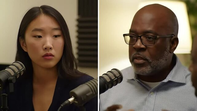 Studio podcast interview Diverse guests converse; soundproof background