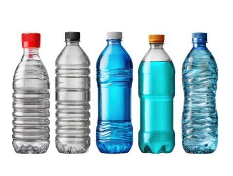 Quench Your Thirst: An array of clear plastic bottles, each filled with refreshing water and other beverages, the perfect visual representation of hydration and purity.