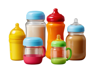 Bottles of Nourishment: A vibrant assortment of baby bottles filled with different liquids stands in anticipation. From milk to pureed sustenance, it visually embodies nurturing and care.