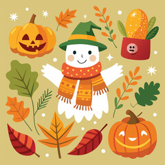 Cute halloween ghost and pumpkins surrounded by colorful autumn leaves and corn stalks