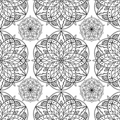 Intricate seamless mandala pattern in black and white, ideal for adult coloring books, textile design, wallpapers, and meditation-themed products. High-resolution vector design suitable for print.