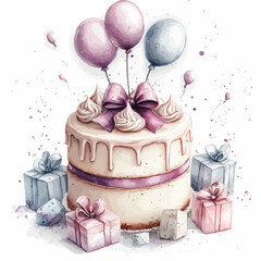 watercolor cake birthday illustration generative AI