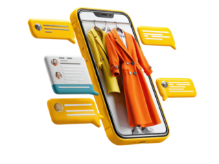 Digital Fashion Showcase: A smartphone displays an array of trendy attire, with conversation bubbles and text messages floating around it, representing the seamless experience of online shopping.