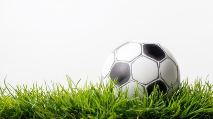 The soccer ball resting on lush green grass in a tranquil setting.