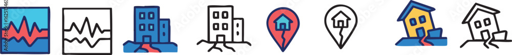 Aufkleber a set of colorful and line art icons depicting earthquake concepts like seismic waves and building d