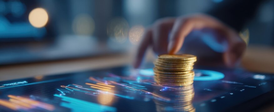 The hand placing coins on a digital financial analytics screen. - Powered by Adobe
