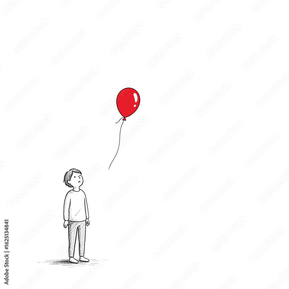 Poster Illustration of a young person gazing up at a floating red balloon with a string attached to it above them