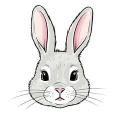 Close up portrait of a cute grey bunny with pink ears and whiskers looking directly at the viewer