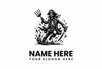 Sinister Pirate Skeleton Brandishing Pitchfork and Sword in Action.