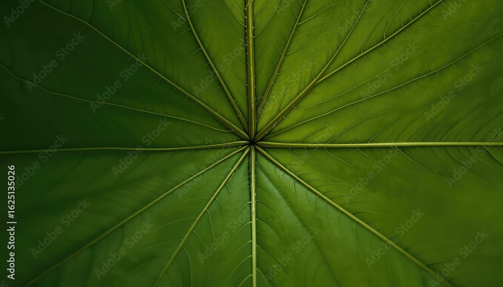 Poster macro shot of a verdant leaf displaying intricate veins and radial structure, revealing natures orga