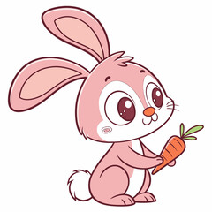 Cute cartoon bunny with big ears and Easter eggs in spring setting