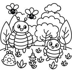 Obraz premium Cute cartoon bees and flowers in a whimsical forest scene with playful clouds and trees for children s coloring pages