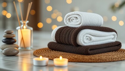 Relaxing spa ambience with stacked soft towels, balanced stones, burning candles, and a soothing aroma diffuser for a calming experience