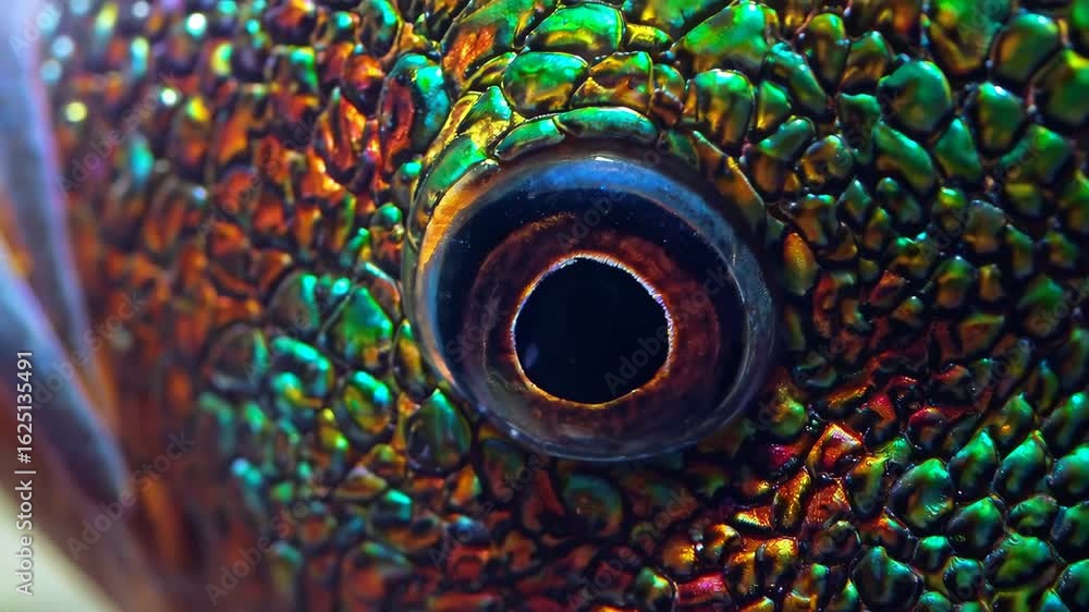 Poster close-up view of iridescent fish scale with multicolored patterns and detailed texture in underwater