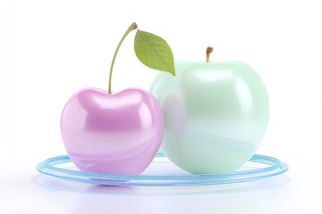 Obraz premium Vibrant purple fruit and bright cherries are set against a pastel backdrop in a colorful dessert that takes inspiration from fruit and resembles a planet with rings