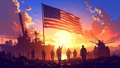 Fototapeta premium American Flag Waving at Colorful Sunset with Military Silhouettes