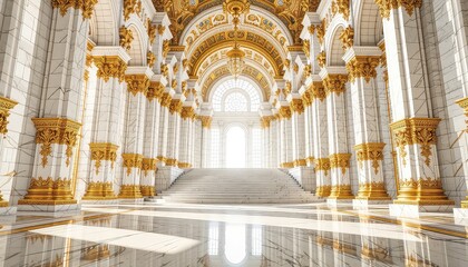 Obraz premium A Grand Hallway with Marble Columns, Golden Accents, and Illuminating Light Through Archways Leading to a Stairway