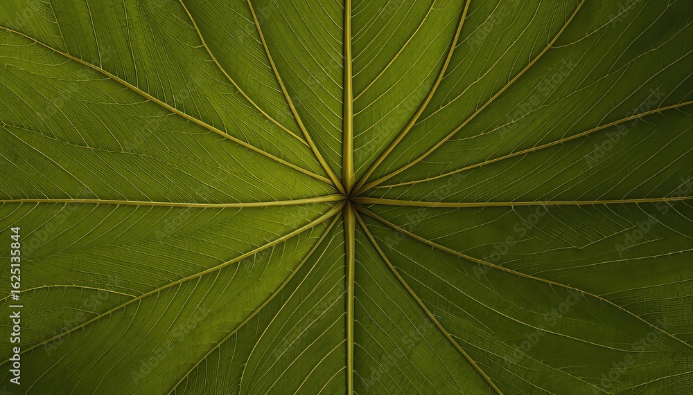 Poster abstract botanical composition of textured green plant leaf with symmetrical pattern and radiating v
