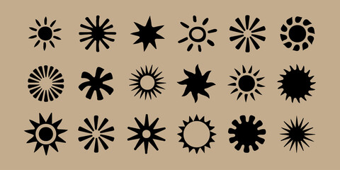 A collection of abstract sun icons in various retro, minimal, and geometric styles. Perfect for summer designs, logos, branding, boho graphics,