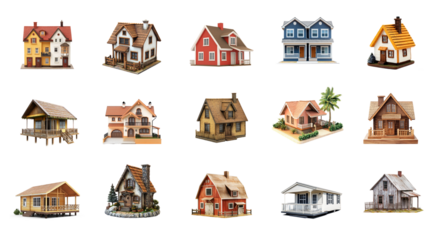 A collection of 16 different house illustrations, each with a unique design and color scheme.