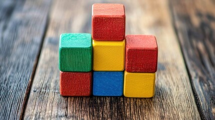 A colorful stack of wooden blocks on a wooden table.