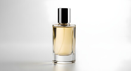 Elegant Perfume Bottle with Golden Liquid and Black Cap on White Background