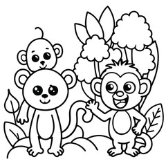 Three adorable cartoon monkeys playing together in a lush jungle environment with big eyes