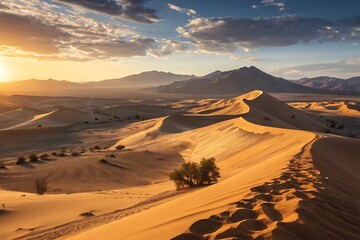 Golden desert sand dunes under dramatic sky golden hour dramatic lighting