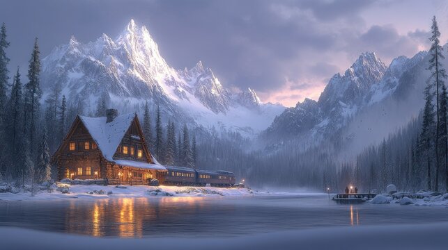 Snowy mountain cabin by frozen lake. Train passing