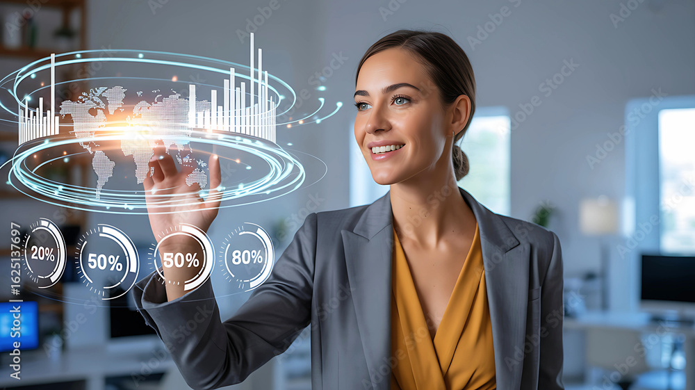 Poster innovative business professional analyzing corporate data with a holographic user interface displayi