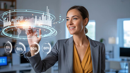 Innovative business professional analyzing corporate data with a holographic user interface displaying charts and world map